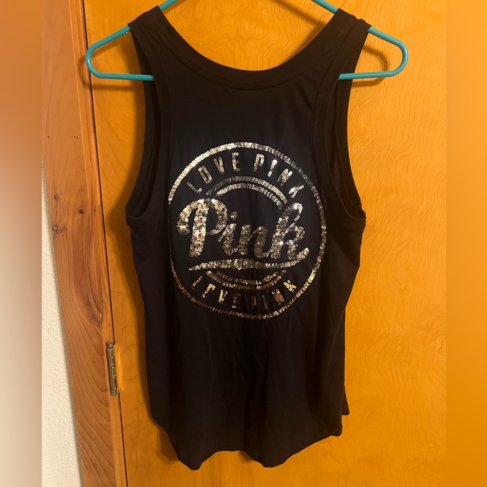 PINK Victoria's Secret Black Tank Top sequined Gold Silver Logo